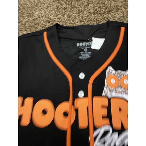 Hooters Racing Baseball Jersey Black Orange Button Up Shirt 00 Owl Logo Sz Small - Picture 3 of 6